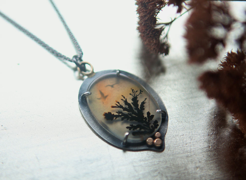 Thumbnail: Dendritic Agate set in Sterling Silver and 14K Gold w/Cut-Out Backing & Chain