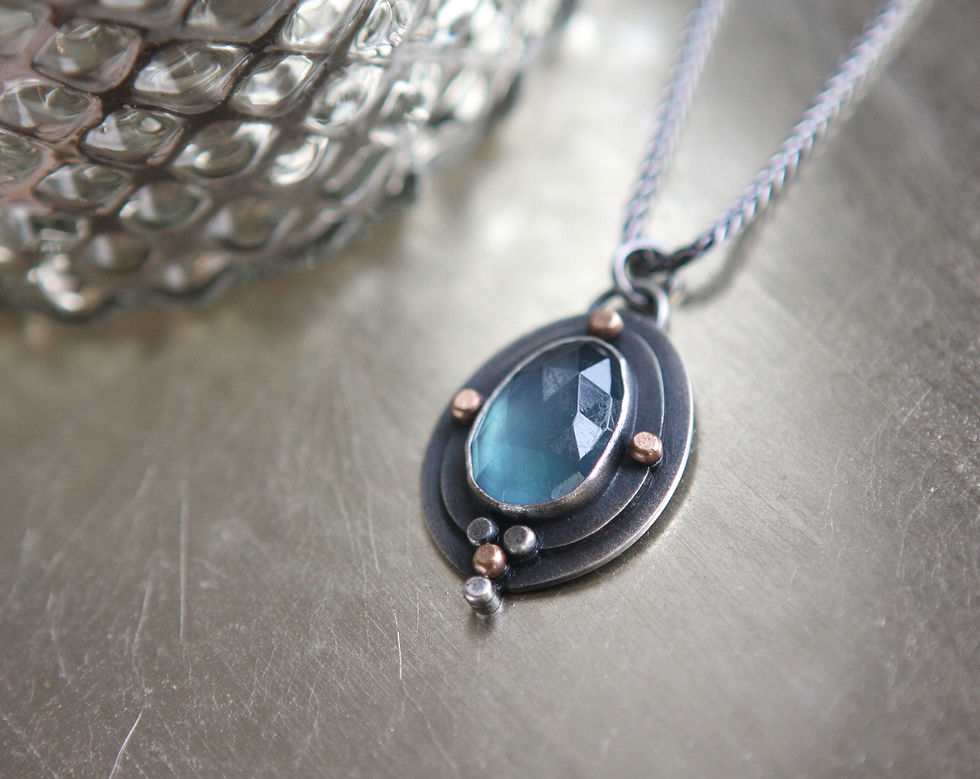 Thumbnail: Rich Blue Aquamarine Set In Layered Silver and 14K Gold w/Silver Wheat Chain