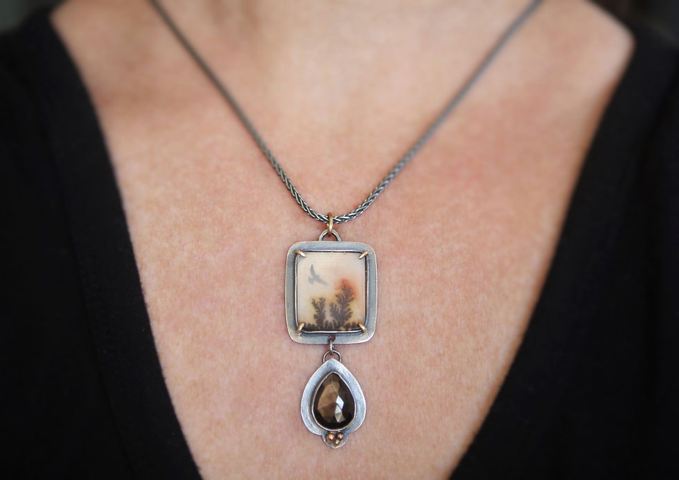 Thumbnail: Dendritic Agate w/Cutout Bird Backplate & Sapphire In Silver and 14K