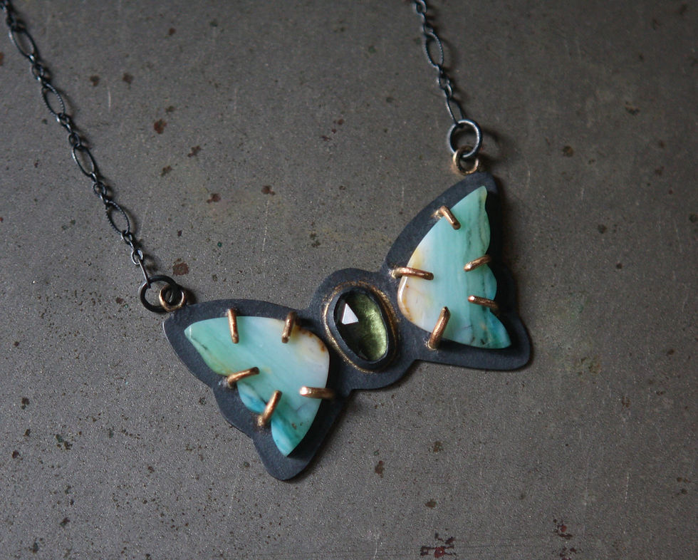 Thumbnail: Lovely Opalized Wood and Tourmaline Set In Oxidized Sterling and 14K Gold