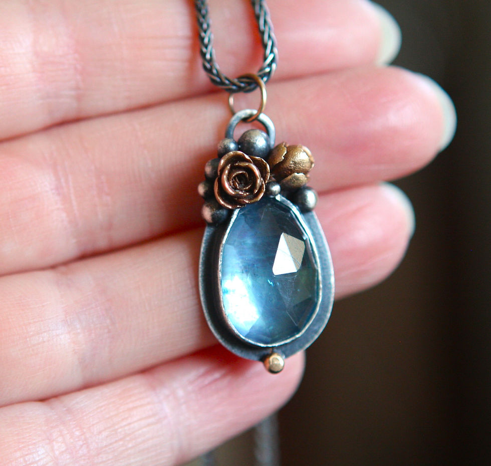 Thumbnail: Rose Cut Aquamarine Set in Silver With 14K Gold Succulents & Silver Chain