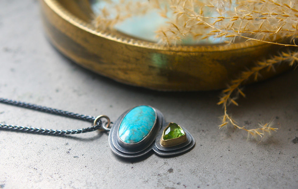 Thumbnail: ON HOLD for Mia!!   Turquoise and Peridot set in  Silver and 18K Gold with Chain
