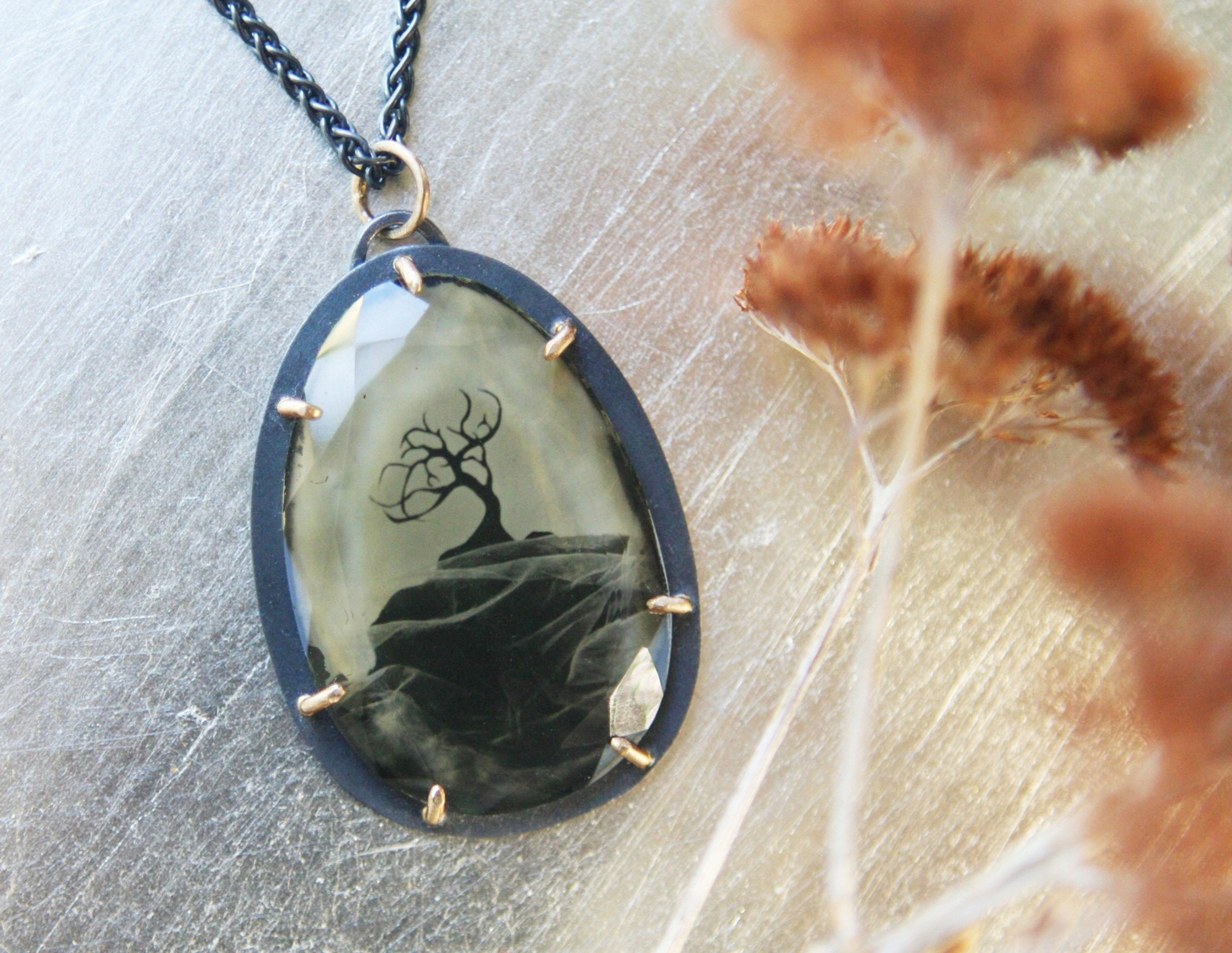 Little Tree Collodion Image Captured Onto Faceted Quartz In 14K Gold and Silver
