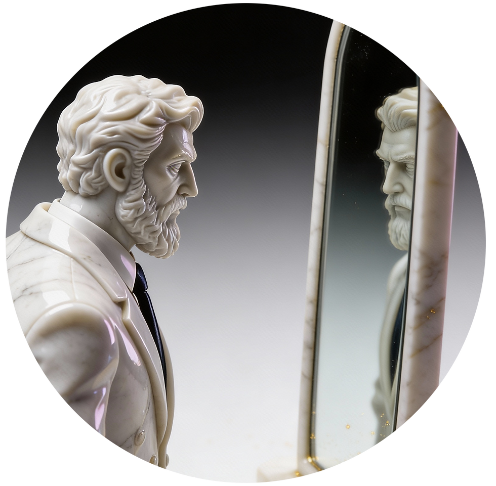 a man looking in a mirror.