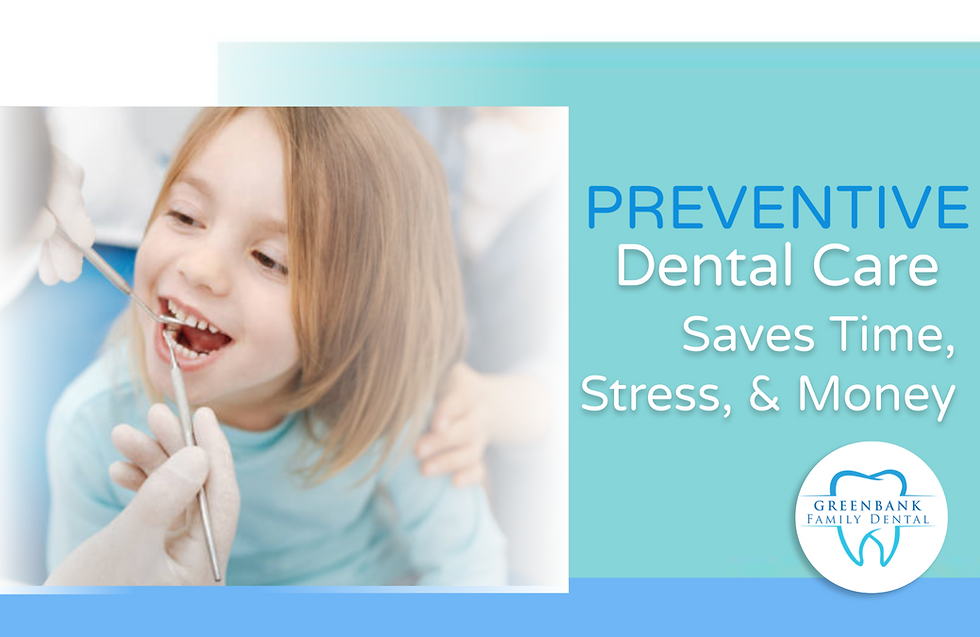 Young child smiling during a preventive dental check-up at Greenbank Family Dental with text overlay reading “Preventive Dental Care Saves Time, Stress & Money”.