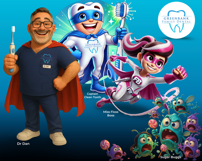 kids dentist Greenbank Captain Clean Tooth Miss Floss Boss dental education