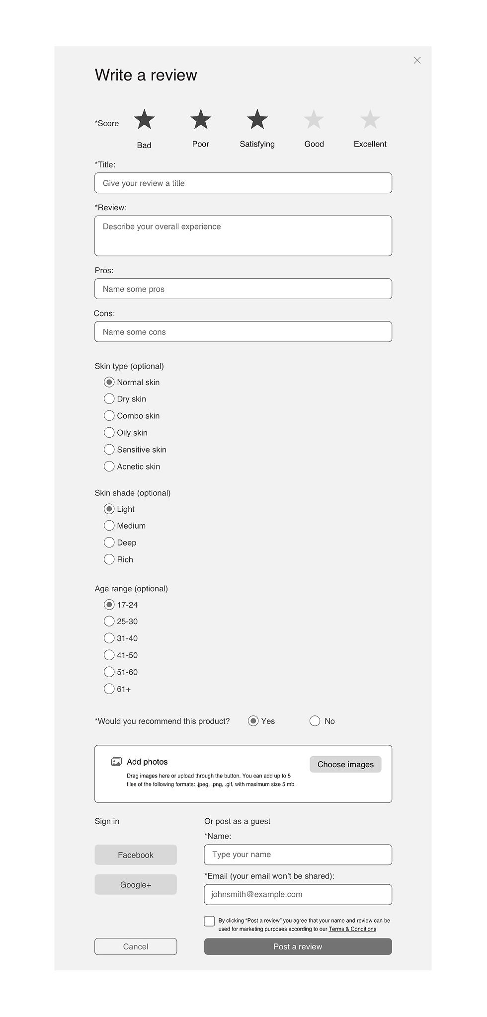 Wireframe of a submission form with additional questions