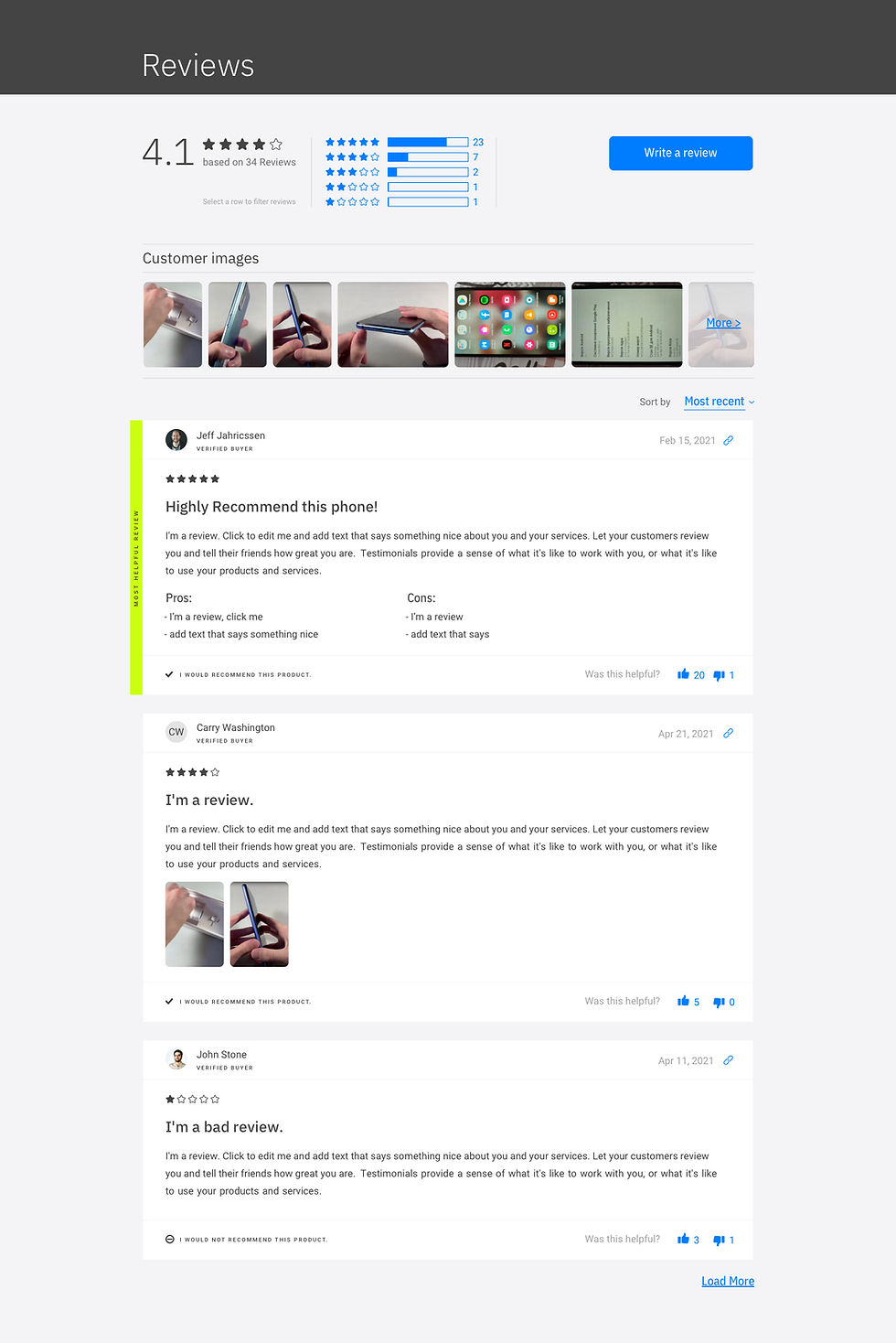 Reviews feed UI design