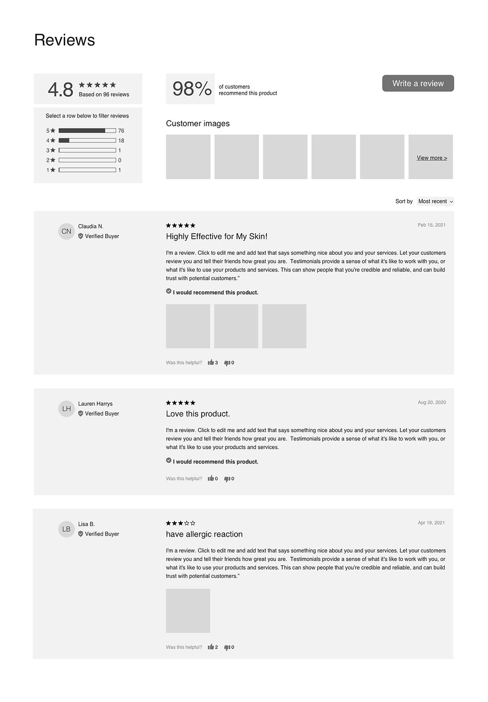 Reviews feed wireframe