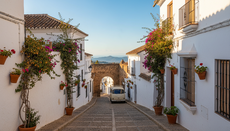 Eye-level view of a whitewashed Andalusian village street with flower pots and a camper parked outside the old centre.