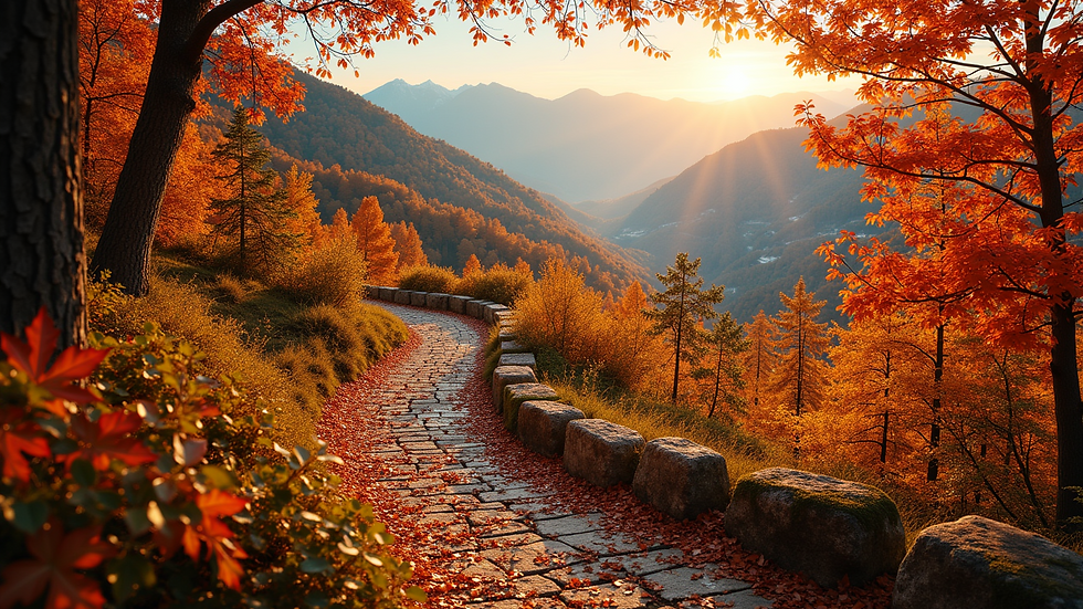 High angle view of colourful autumn leaves covering a mountain trail