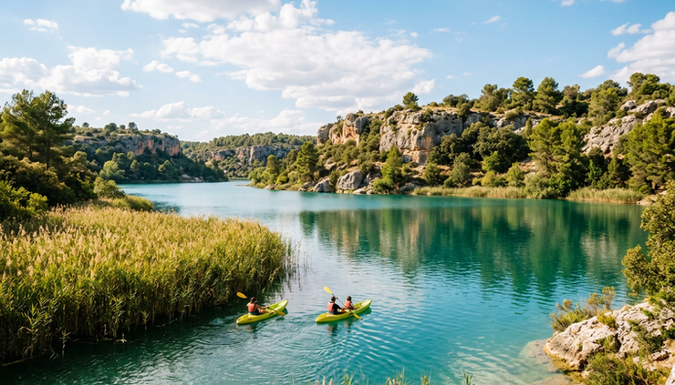 Wide-angle view of turquoise lagoons at Lagunas de Ruidera with kayaks on calm water.