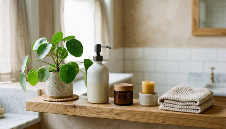 Eye-level view of a calm bathroom shelf with a cleanser, moisturiser, candle, and folded cotton cloth
