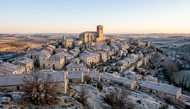 Wide-angle view of a winter morning over Castilian rooftops and pale stone walls.