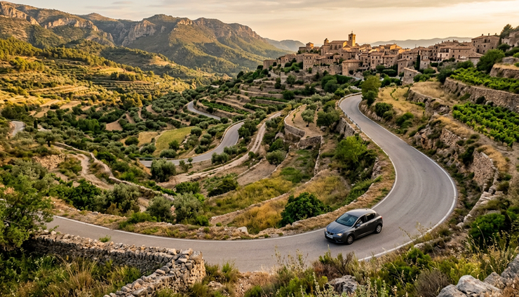 High-angle view of a winding road through Spanish countryside