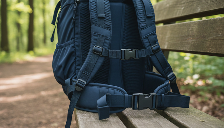 Close-up of padded backpack shoulder straps and a hip belt on a wooden bench