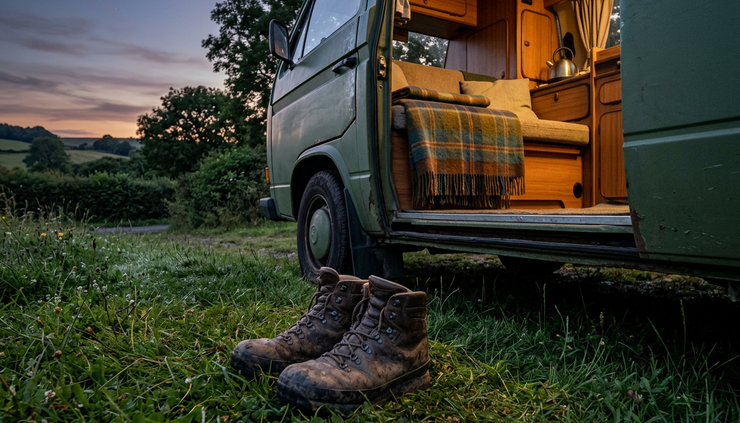 Low-angle view of walking boots on grass beside an open camper van door at dusk.