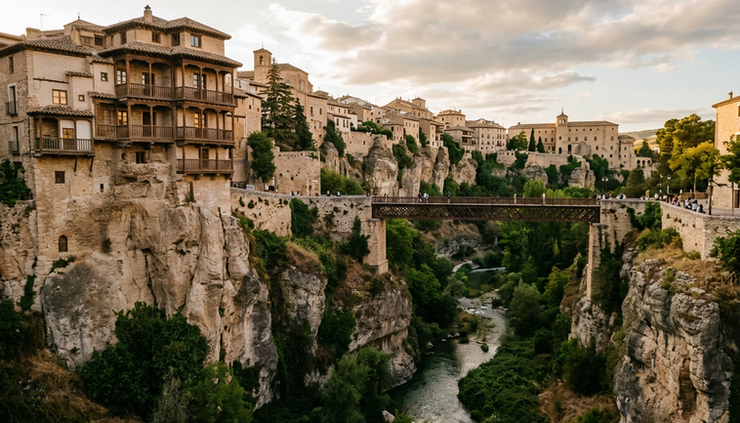 Eye-level view of Cuenca’s Hanging Houses above a deep river gorge.