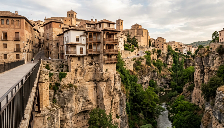 Eye-level view of the Hanging Houses of Cuenca above the Huécar gorge.