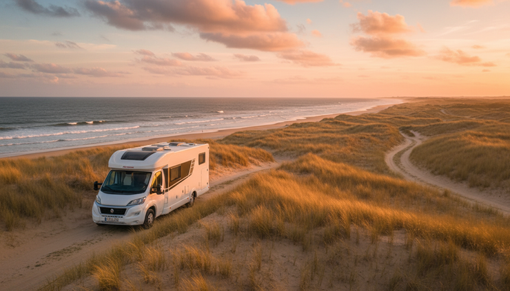 Wide-angle view of a motorhome parked near golden dunes on the Costa de la Luz.