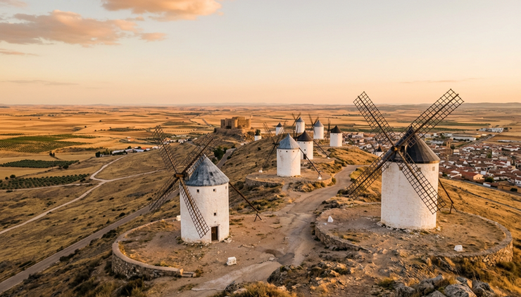 Wide-angle view of white windmills on a ridge above the plains of Consuegra.