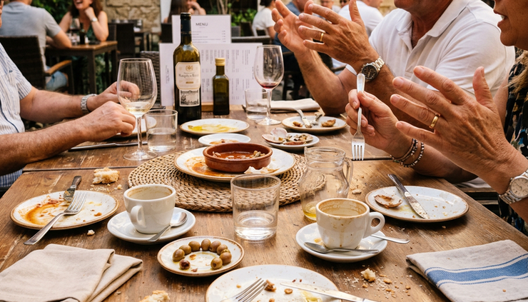 Close-up view of small plates and coffee cups left after a Spanish lunch
