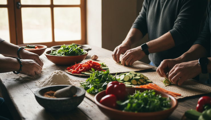Close-up of hands preparing a shared meal with fresh vegetables on a rustic table.