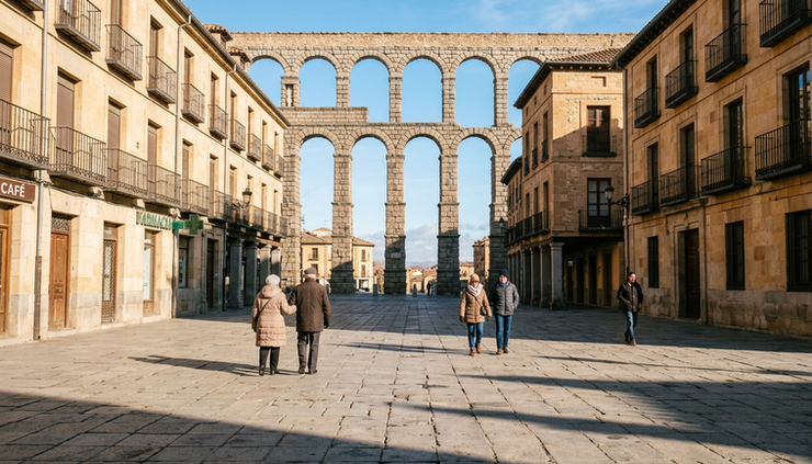 Eye-level view of a quiet Castilian square in low winter sunlight.