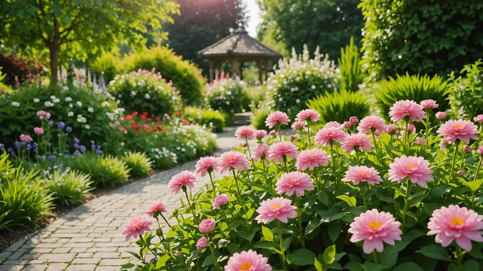 Close-up view of a peaceful garden with blooming flowers