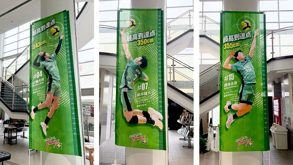 三輪・新井・西本選手の最高到達点タペストリー