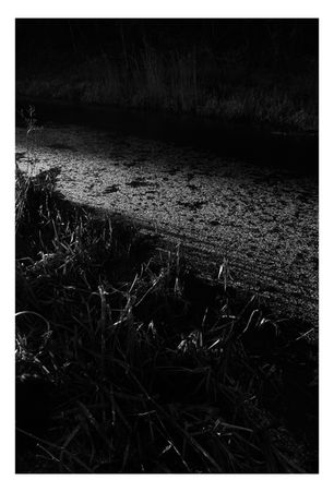 Black and white photograph of the Tennant Canal in South Wales.  low light highlights ice on the surface of the canal.