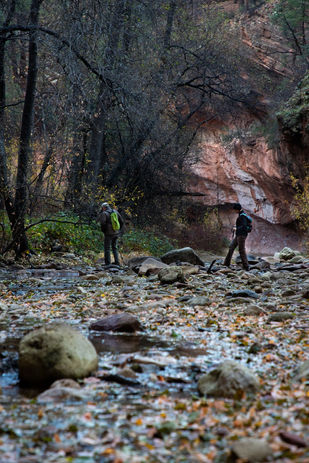 Hikers cross Oak Creek on West Fork Trail off of SR 89A on a brisk morning, Nov. 23, 2021.