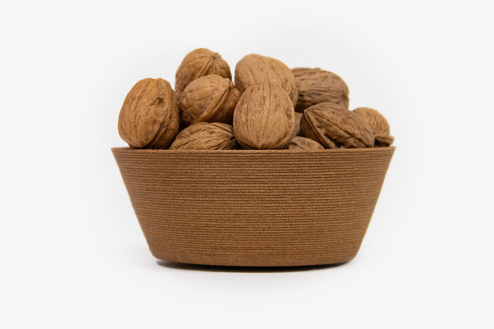 A 3D printed walnut-based biomaterial bowl filled with walnuts