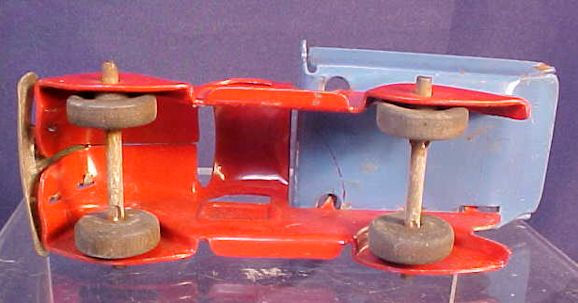Thumbnail: Marx Toys Flatbed Railcar with Red Blue Dump Truck