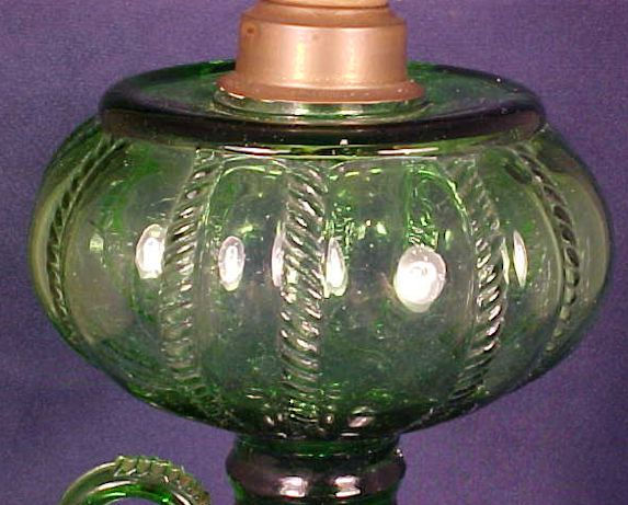 Thumbnail: Findlay Glass Green Clark Pattern Pedestal Fingerhold Lamp