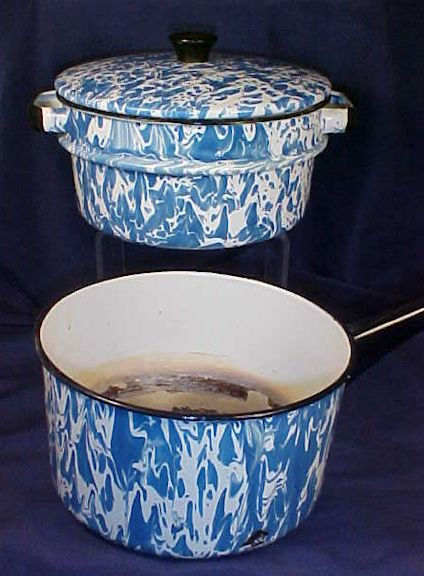 Thumbnail: Antique Blue & White Swirl Granite Double Boiler with Handle Enamelware
