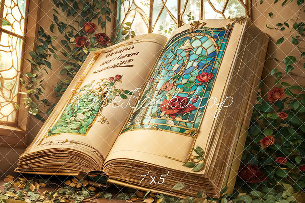 Princess Belle-inspired storybook photography backdrop with stained glass illustrations, roses, and golden sunlight – ideal for fairytale sessions at Shutter Swan Studios