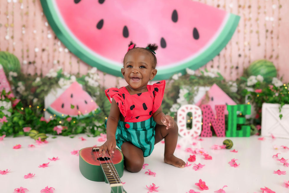Children’s summer photography backdrop with glittery pink sequins, watermelon slices, and floral greenery – ideal for cake smash and seasonal portraits at Shutter Swan Studios