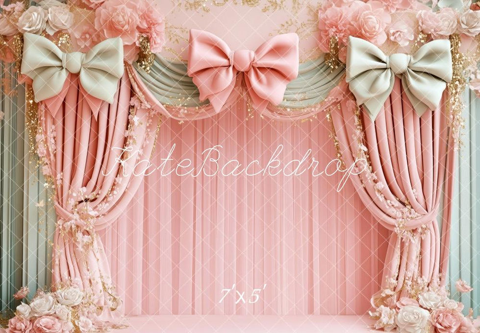 Backdrop featuring soft pink curtains, pastel green and blush bows, floral accents, and shimmering gold details—perfect for whimsical girl photo sessions