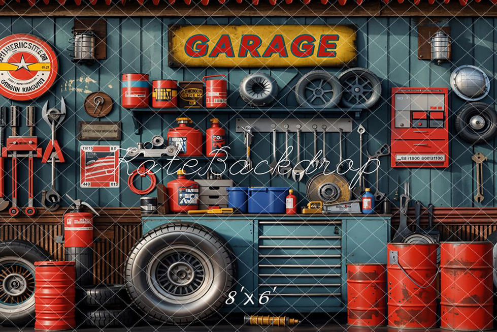 Boys photography backdrop of a colorful garage with tools, red barrels, tires, and vintage signage, perfect for car-themed milestone portraits