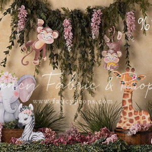 Floral jungle animal backdrop with elephant, giraffe, zebra, and monkeys at Shutter Swan Studios in Lakeland, FL for baby milestone and birthday portraits
