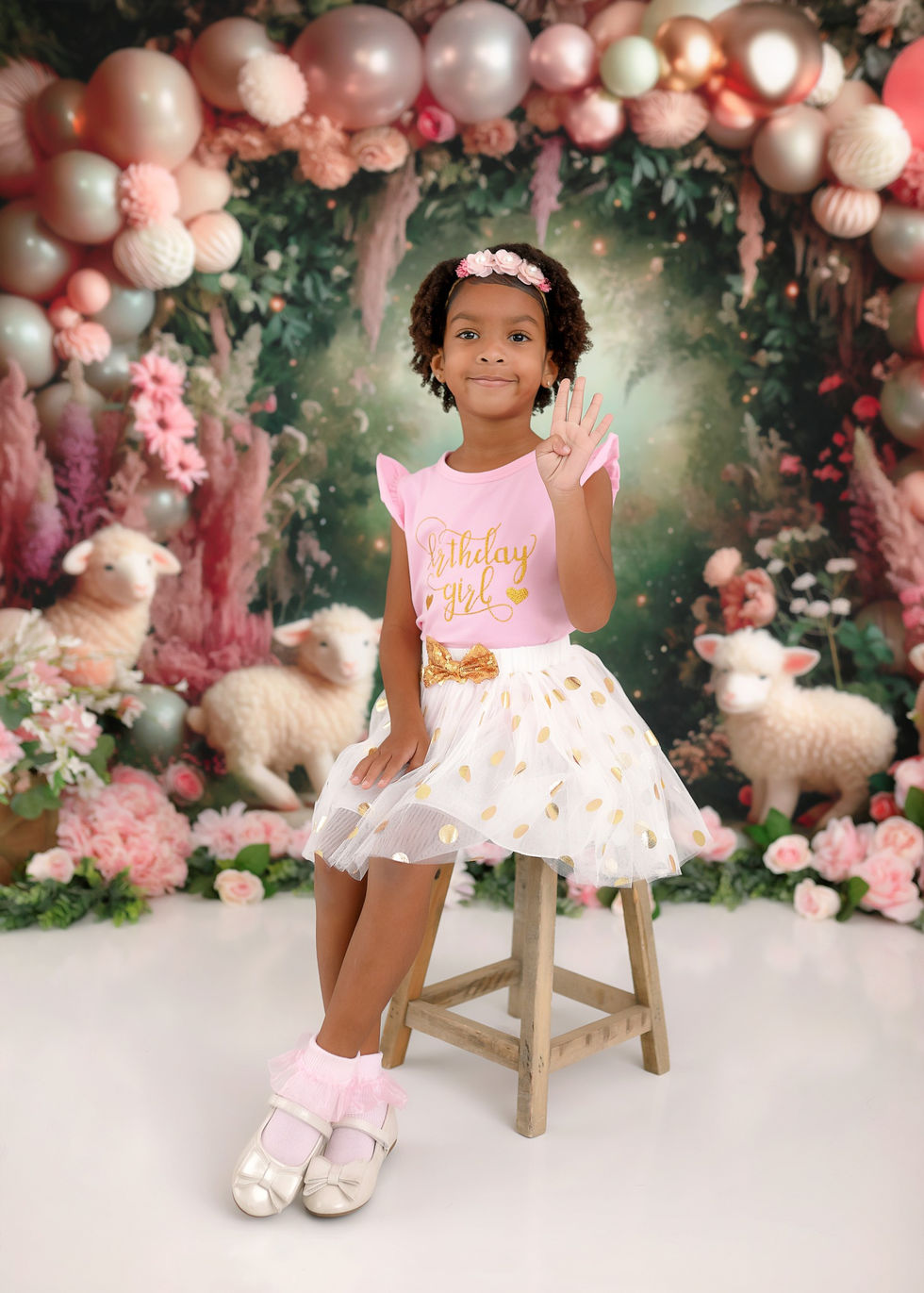 Whimsical garden-themed cake smash backdrop with pink and ivory balloons, plush lambs, flowers, and greenery – ideal for first birthday and milestone photography.