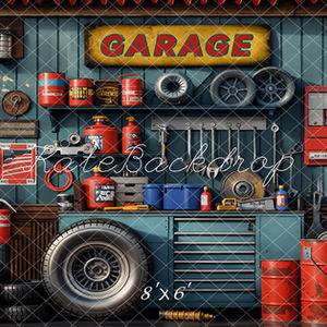Boys photography backdrop of a colorful garage with tools, red barrels, tires, and vintage signage, perfect for car-themed milestone portraits
