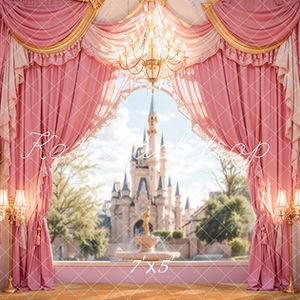 Elegant fairytale princess photography backdrop with pink drapes, golden accents, and a dreamy castle view at Shutter Swan Studios in Lakeland, FL – perfect for magical children’s portraits