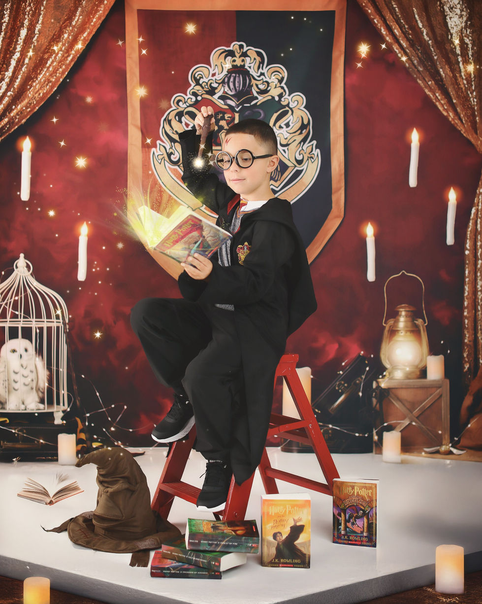 Harry Potter-inspired photography backdrop featuring a crimson velvet background, gold drapes, floating candles, an owl in a cage, Hogwarts-inspired crest, and magical props