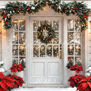 Christmas porch photography backdrop with wreath, garlands, poinsettias, and snowy trees at Shutter Swan Studios in Lakeland, FL for holiday photo sessions