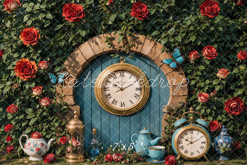 Alice in Wonderland themed photography backdrop with vintage clocks, red roses, tea sets, and butterflies – perfect for fantasy photo sessions at Shutter Swan Studios