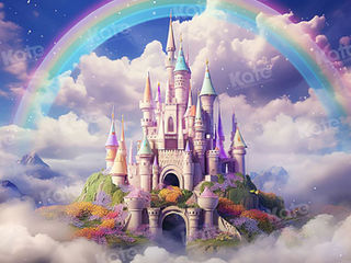 Rainbow Castle photography backdrop with colorful turrets, fluffy clouds, and a rainbow arch at Shutter Swan Studios in Lakeland, FL – ideal for fairytale-themed children’s portraits