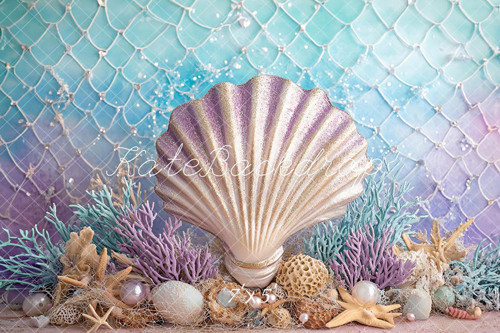 Sparkly seashell and coral photo backdrop with pastel mermaid scale background at Shutter Swan Studios in Lakeland, FL