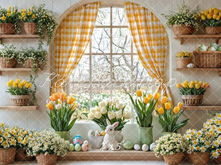 Sunny spring window backdrop with tulips, Easter eggs, and gingham curtains at Shutter Swan Studios in Lakeland, FL – ideal for baby, toddler, and family photos.